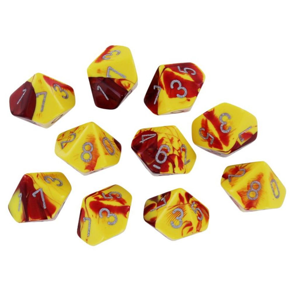 Chessex Gemini Red-Yellow w/Silver Set of Ten d10 Dice